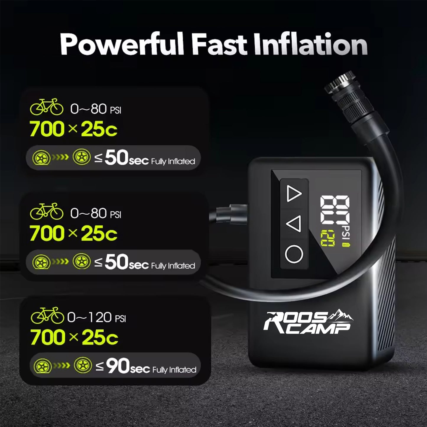RoosCamp Bike Pump LT – compacte elektrische fietspomp met LCD-display en LED-lamp