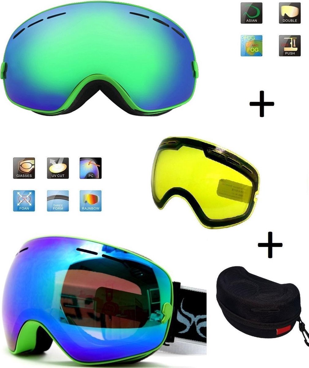 Ski Bril F Type 5 – Frameless Design met Extra Lens & Opbergbox (Groen) Cat. 0 tot 4 - ☀/☁