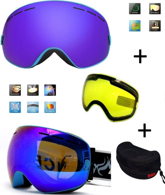 Ski Bril F Type 3 – Frameless Design met Extra Lens & Opbergbox (Blauw) Cat. 0 tot 4 - ☀/☁