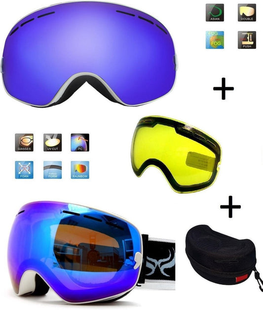 Ski Bril F Type 2 – Frameless Design met Extra Lens & Opbergbox (Wit/blauw) Cat. 0 tot 4 - ☀/☁