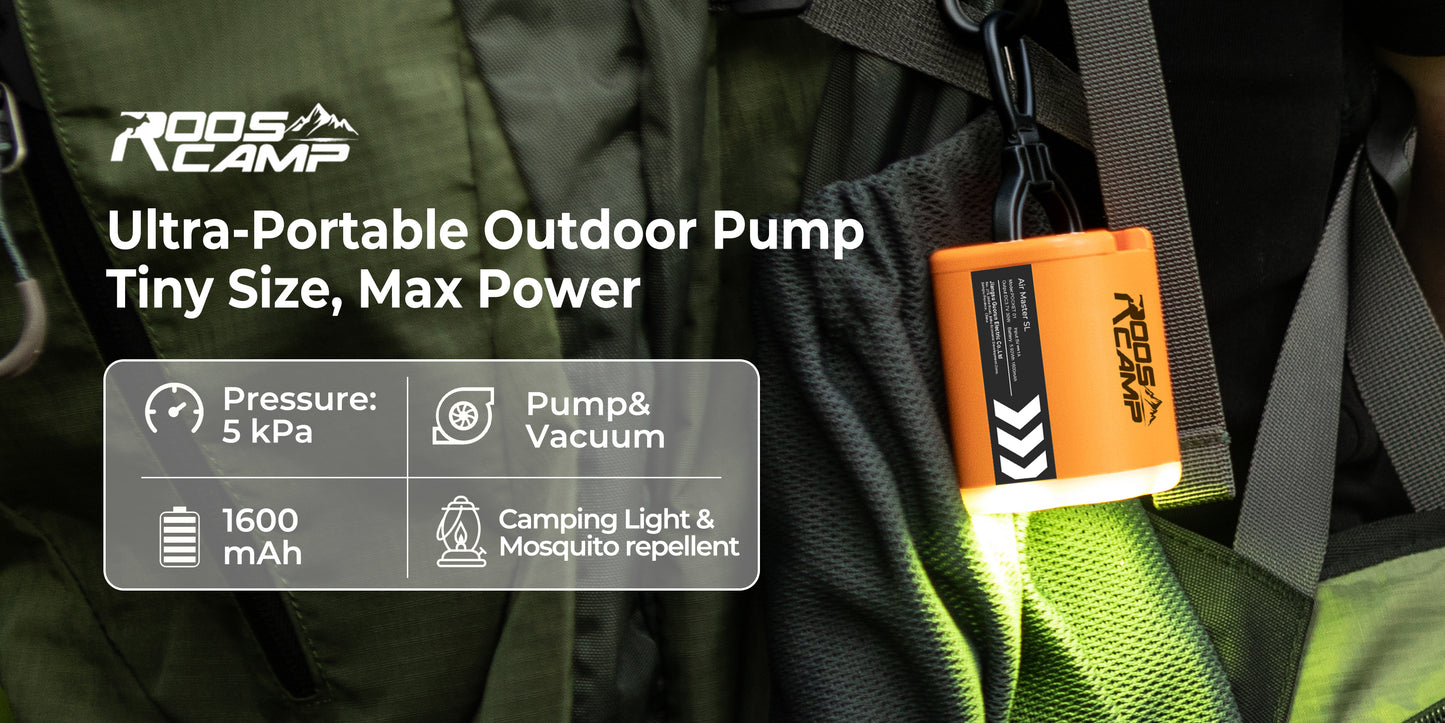 RoosCamp Air Master SL – compacte elektrische luchtpomp met campinglamp en muggenwerende functie