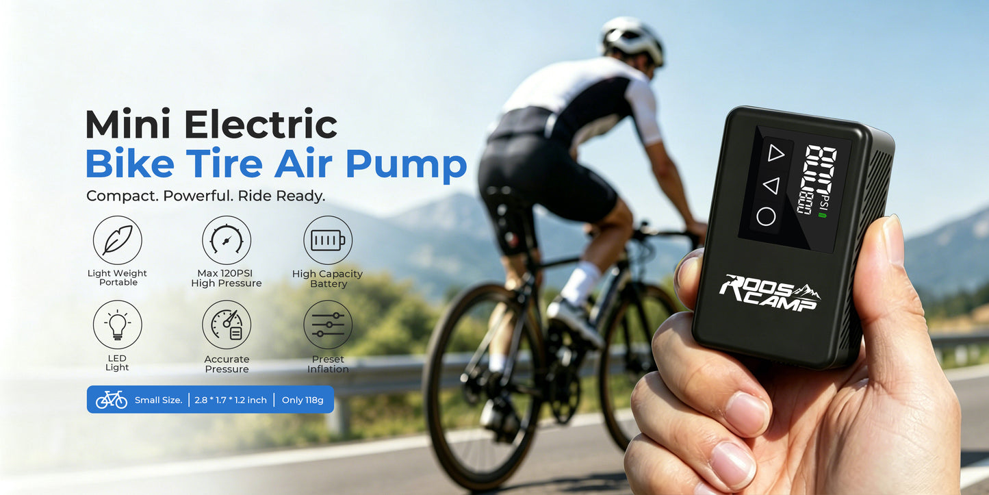 RoosCamp Bike Pump LT – compacte elektrische fietspomp met LCD-display en LED-lamp