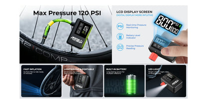 RoosCamp Bike Pump LT – compacte elektrische fietspomp met LCD-display en LED-lamp