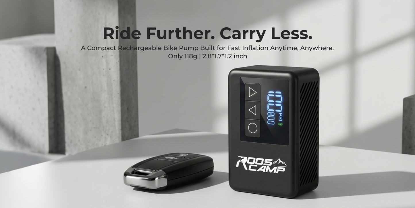 RoosCamp Bike Pump LT – compacte elektrische fietspomp met LCD-display en LED-lamp