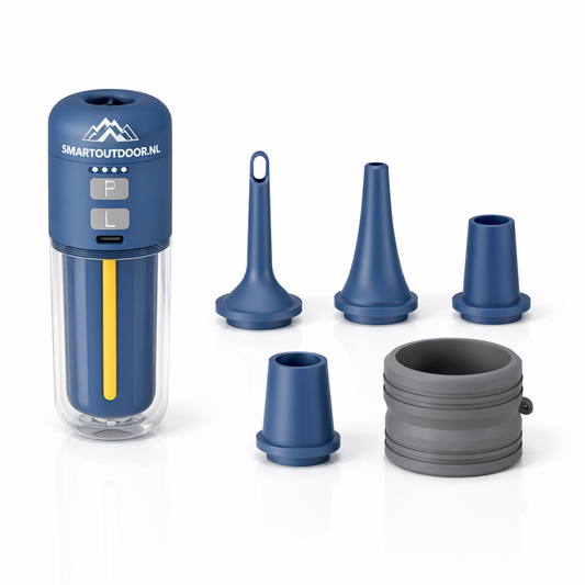 SmartOutdoor Zero X4 Mini Luchtpomp Blauw – Oplaadbaar & Draagbaar – Met LED Lamp – Elektrische Luchtbed & Vacuüm Pomp – Inclusief 5 Opzetstukken – Voor Camping & Zwemband (kopie)