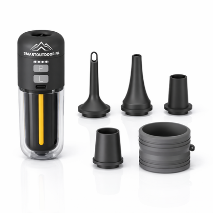 SmartOutdoor Zero X4 Mini Luchtpomp Zwart – Oplaadbaar & Draagbaar – Met LED Lamp – Elektrische Luchtbed & Vacuüm Pomp – Inclusief 5 Opzetstukken – Voor Camping & Zwemband