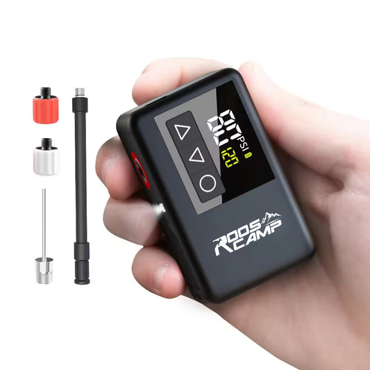 RoosCamp Bike Pump LT – compacte elektrische fietspomp met LCD-display en LED-lamp