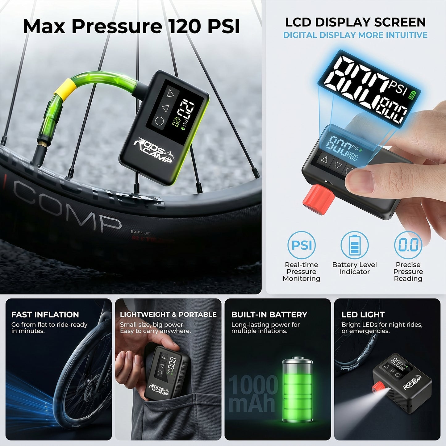 RoosCamp Bike Pump LT – compacte elektrische fietspomp met LCD-display en LED-lamp