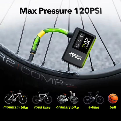 RoosCamp Bike Pump LT – compacte elektrische fietspomp met LCD-display en LED-lamp