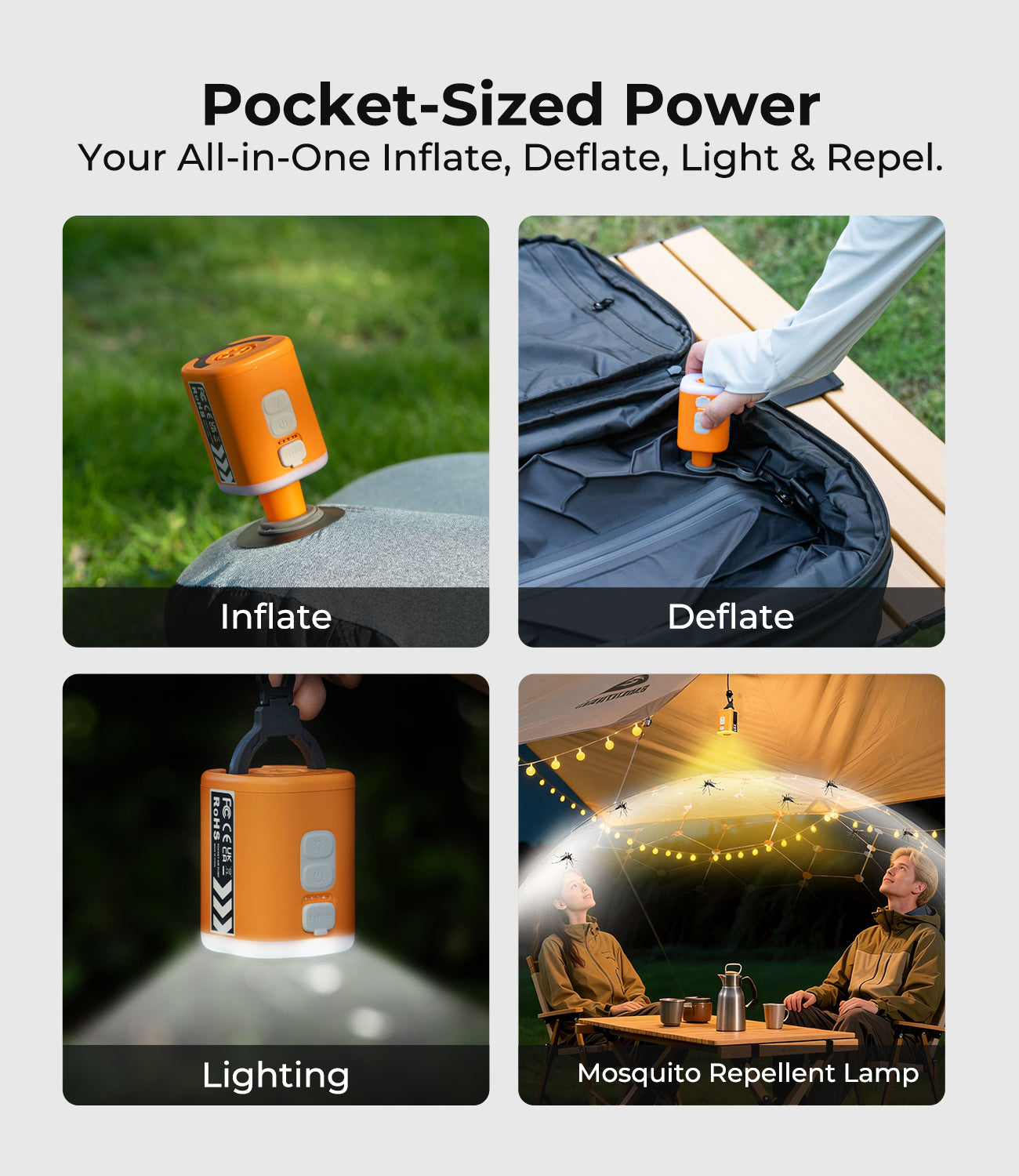 RoosCamp Air Master SL – compacte elektrische luchtpomp met campinglamp en muggenwerende functie