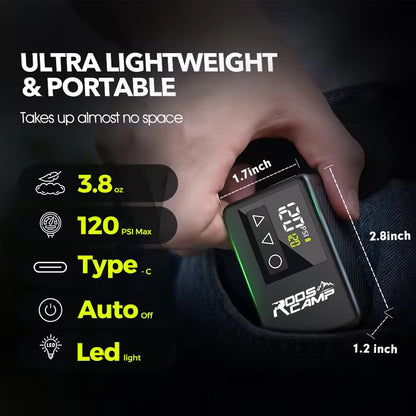 RoosCamp Bike Pump LT – compacte elektrische fietspomp met LCD-display en LED-lamp
