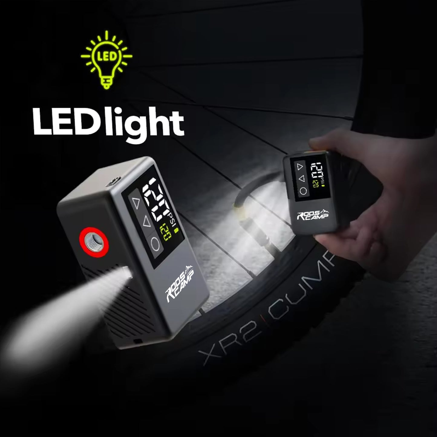 RoosCamp Bike Pump LT – compacte elektrische fietspomp met LCD-display en LED-lamp