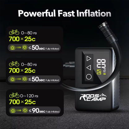 RoosCamp Bike Pump LT – compacte elektrische fietspomp met LCD-display en LED-lamp