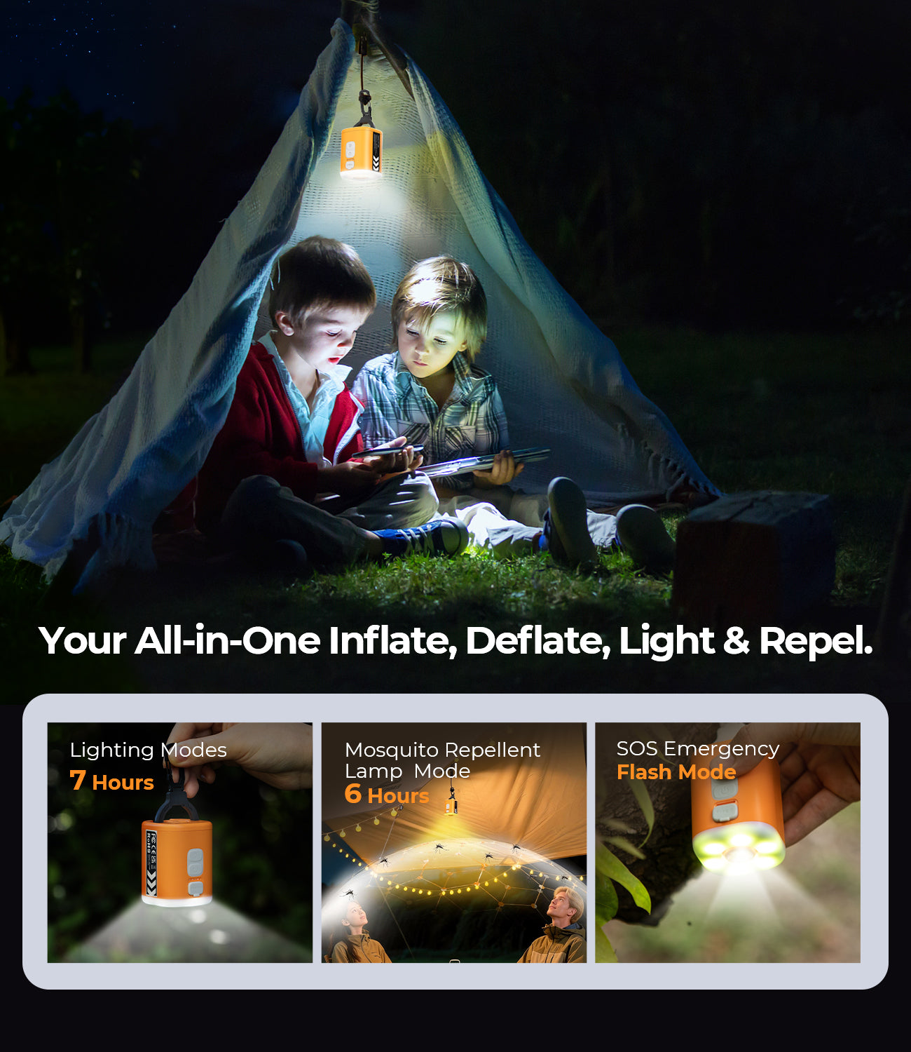 RoosCamp Air Master SL – compacte elektrische luchtpomp met campinglamp en muggenwerende functie