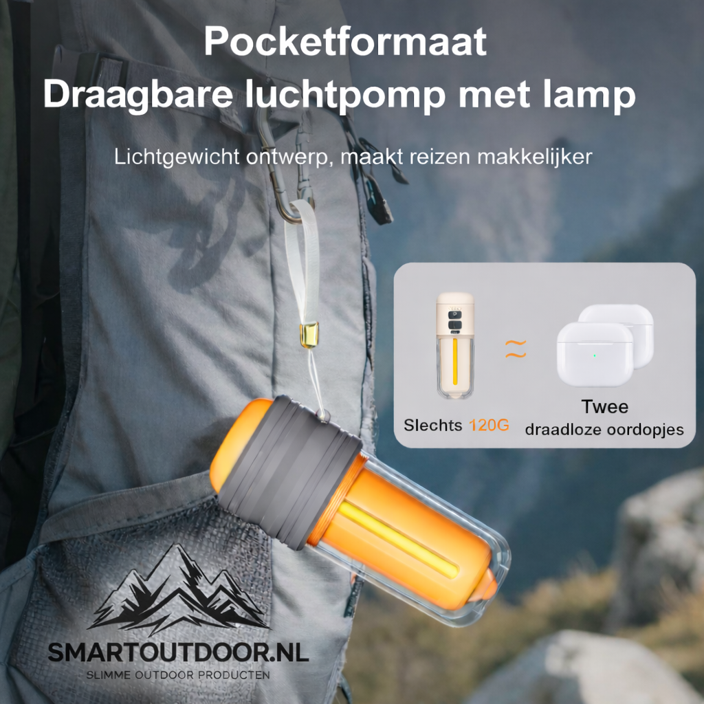 SmartOutdoor Zero X4 Mini Luchtpomp Oranje – Oplaadbaar & Draagbaar – Met LED Lamp – Elektrische Luchtbed & Vacuüm Pomp – Inclusief 5 Opzetstukken – Voor Camping & Zwemband