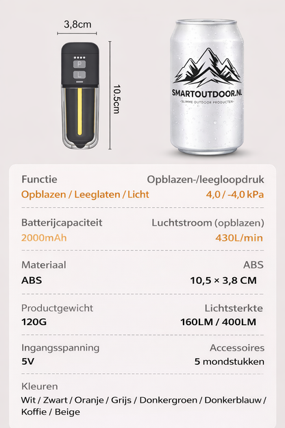 SmartOutdoor Zero X4 Mini Luchtpomp Wit – Oplaadbaar & Draagbaar – Met LED Lamp – Elektrische Luchtbed & Vacuüm Pomp – Inclusief 5 Opzetstukken – Voor Camping & Zwemband