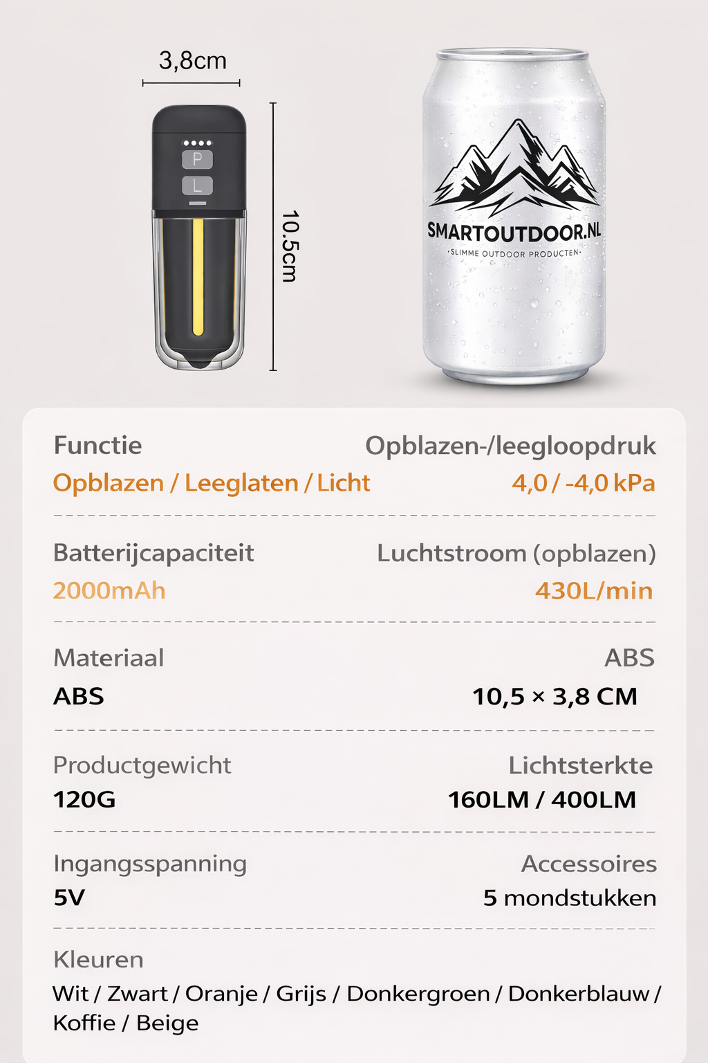 SmartOutdoor Zero X4 Mini Luchtpomp Zwart – Oplaadbaar & Draagbaar – Met LED Lamp – Elektrische Luchtbed & Vacuüm Pomp – Inclusief 5 Opzetstukken – Voor Camping & Zwemband