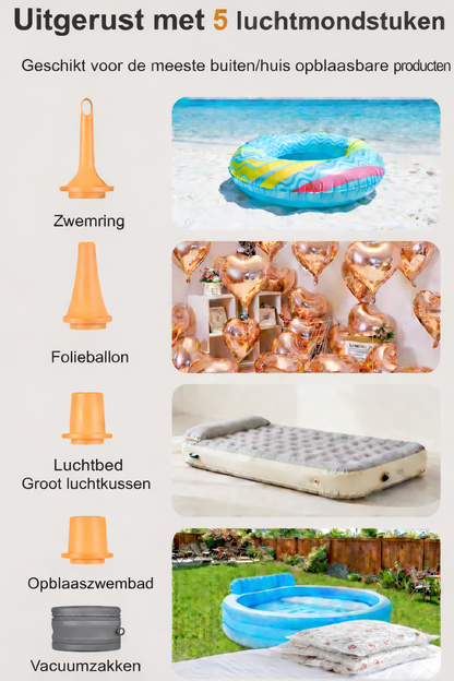 SmartOutdoor Zero X4 Mini Luchtpomp Wit – Oplaadbaar & Draagbaar – Met LED Lamp – Elektrische Luchtbed & Vacuüm Pomp – Inclusief 5 Opzetstukken – Voor Camping & Zwemband