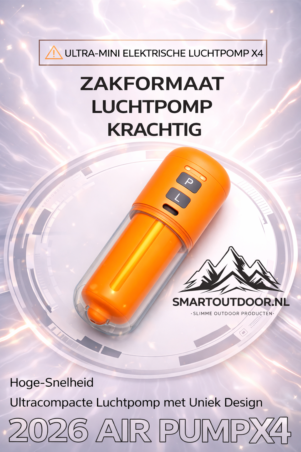 SmartOutdoor Zero X4 Mini Luchtpomp Wit – Oplaadbaar & Draagbaar – Met LED Lamp – Elektrische Luchtbed & Vacuüm Pomp – Inclusief 5 Opzetstukken – Voor Camping & Zwemband