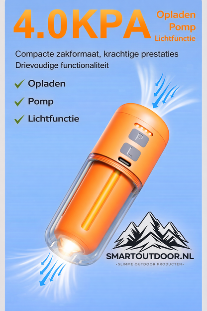 SmartOutdoor Zero X4 Mini Luchtpomp Zwart – Oplaadbaar & Draagbaar – Met LED Lamp – Elektrische Luchtbed & Vacuüm Pomp – Inclusief 5 Opzetstukken – Voor Camping & Zwemband
