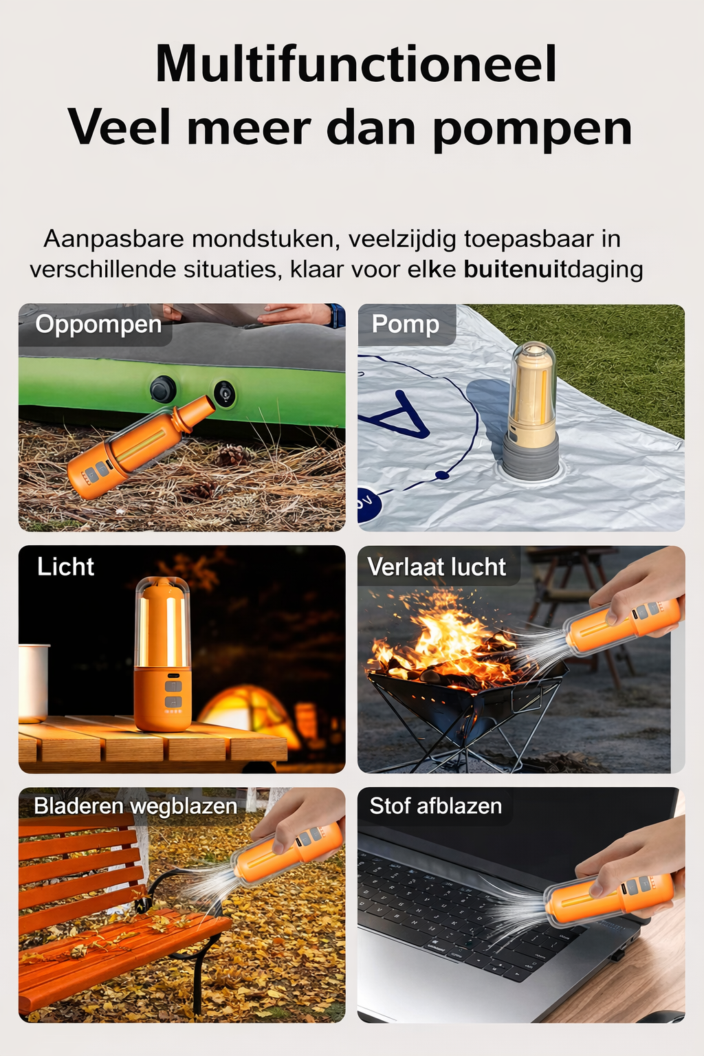 SmartOutdoor Zero X4 Mini Luchtpomp Oranje – Oplaadbaar & Draagbaar – Met LED Lamp – Elektrische Luchtbed & Vacuüm Pomp – Inclusief 5 Opzetstukken – Voor Camping & Zwemband