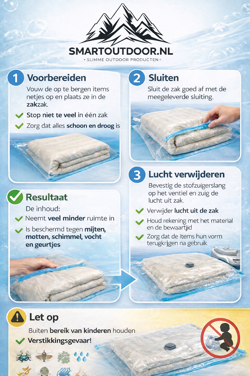 Vacuüm Opbergzakken 70x100 cm (4 Stuks) – Voor Kleding, Dekbedden & Reizen – Smartoutdoor