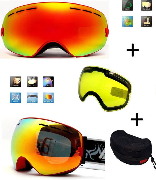 Ski Bril F Type 1 – Frameless Design met Extra Lens & Opbergbox (Rood) Cat. 0 tot 4 - ☀/☁